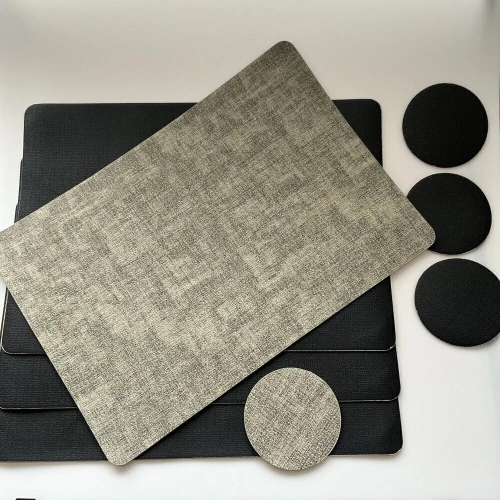 NEW 4 Faux Leather Placemats & Coasters Reversible Heat-Resistant Black & Gray